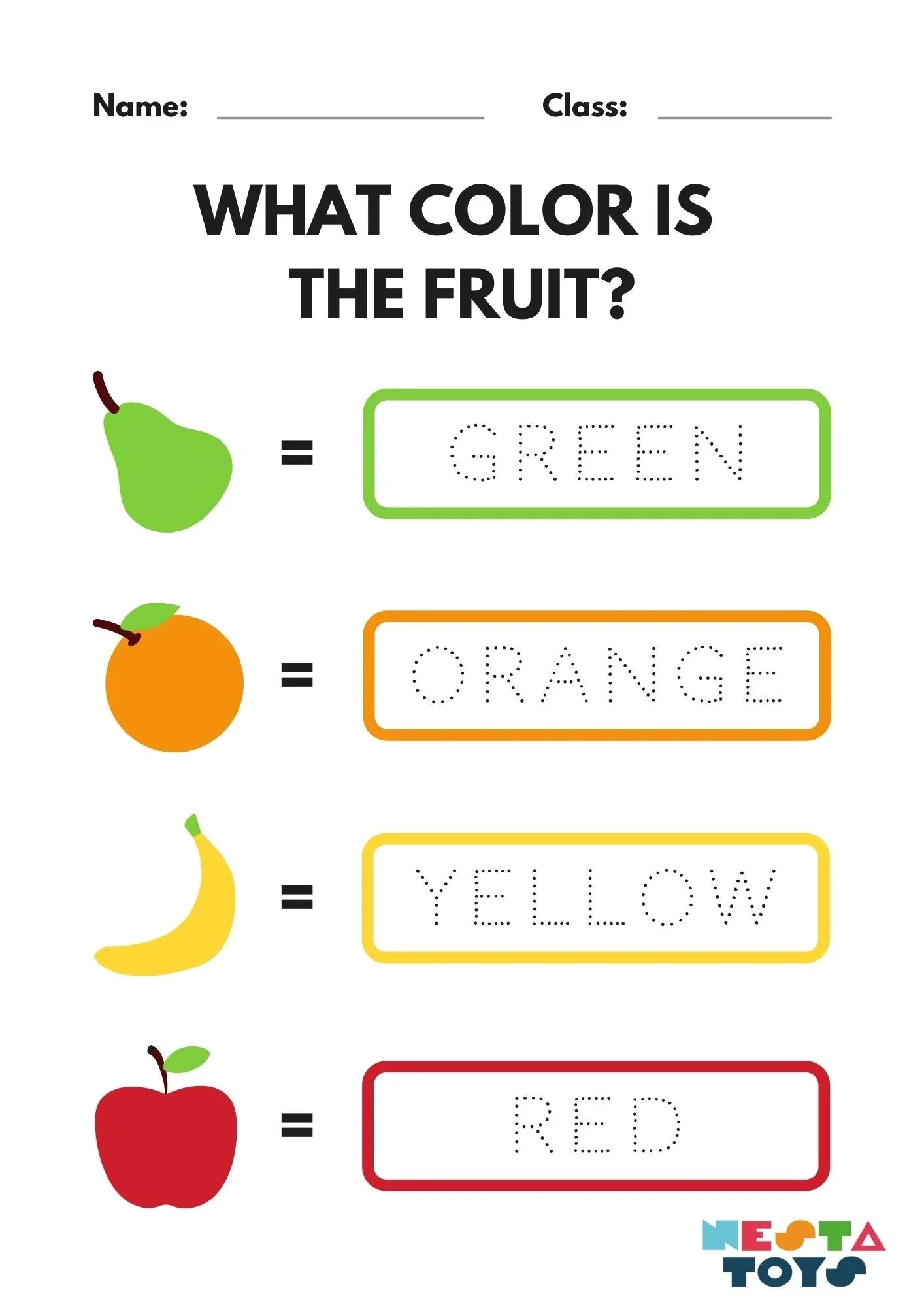 What color is the fruit? - Trace The Alphabets Activity Sheet - NESTA TOYS