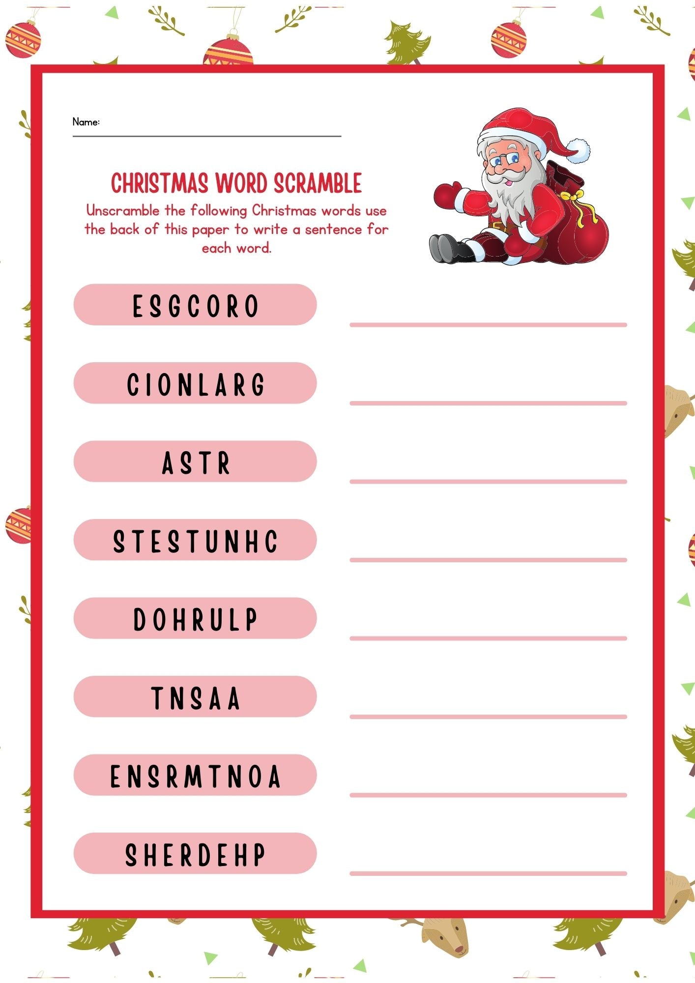 Christmas Word Scramble Worksheet for Kids