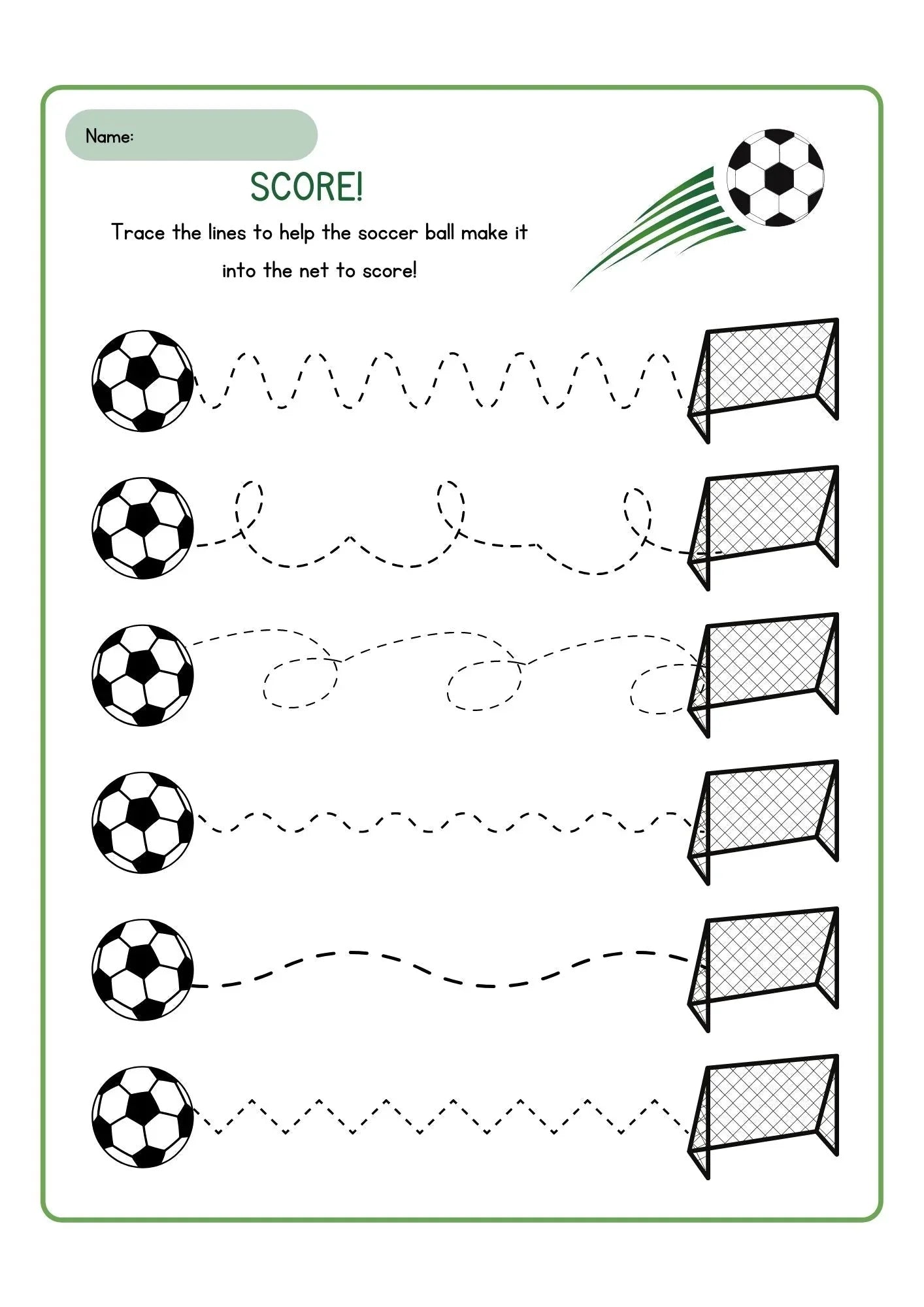 Trace the Lines to Help the Soccer Ball Score Worksheet - NESTA TOYS
