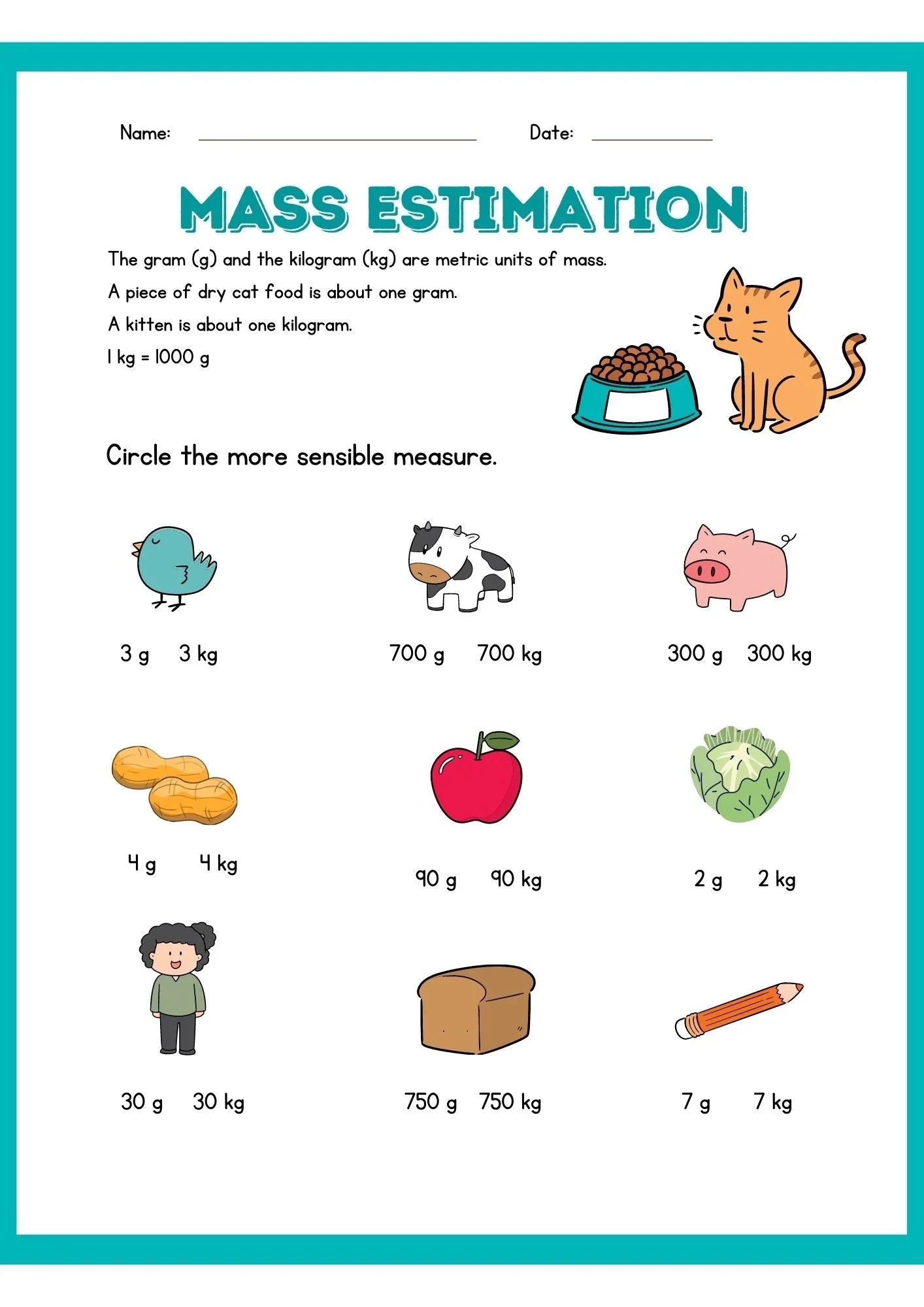 Mass Estimation Activity Sheet: Circle the Sensible Measure - nestatoys