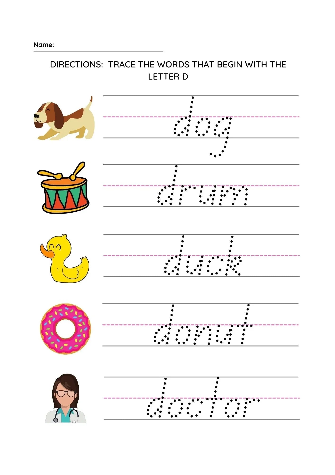 Trace Words That Begin with Letter D - Fun Letter Tracing Activity for Kids - NESTA TOYS