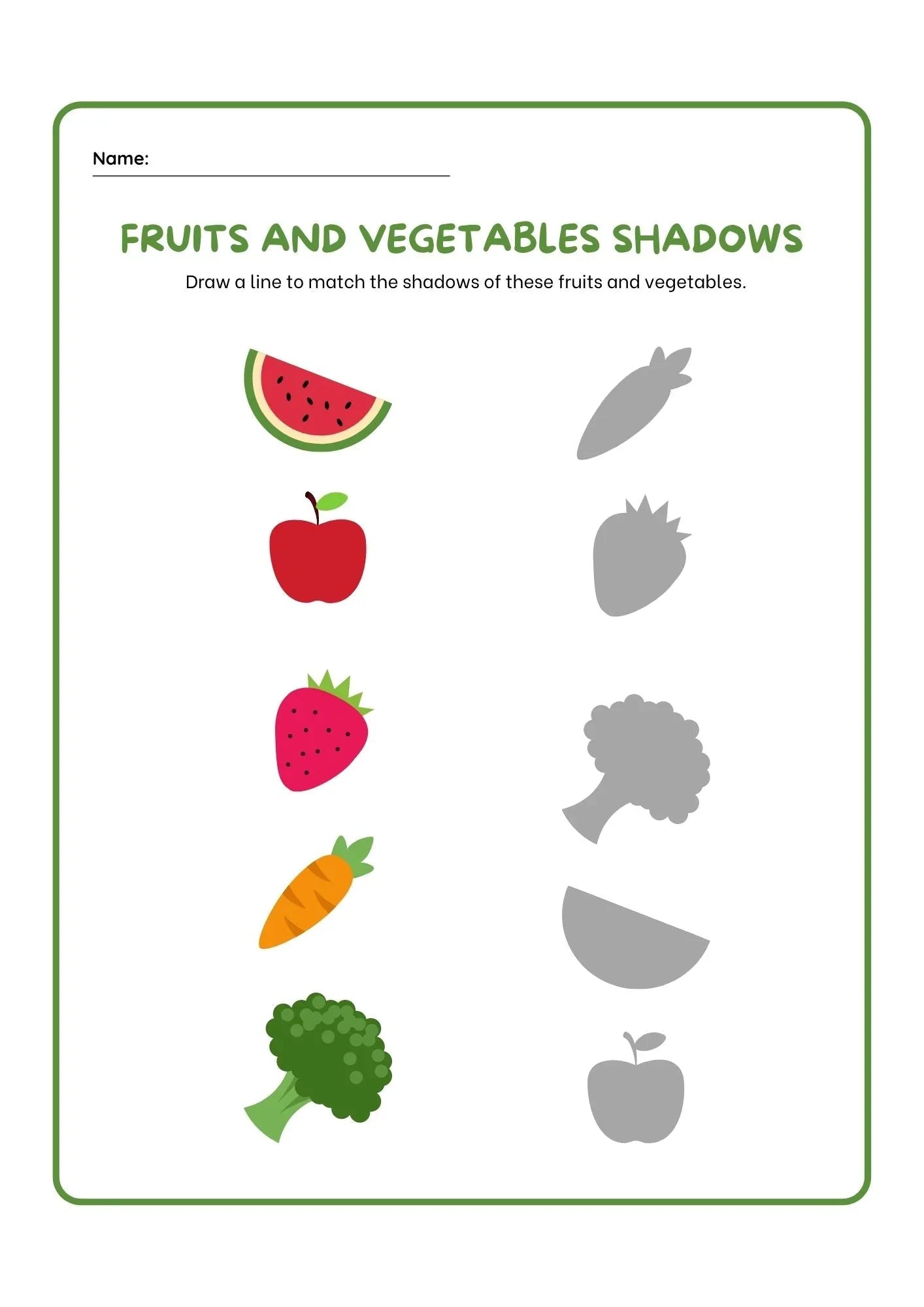 Fruits and Vegetables - Match The Shadows Activity Sheet - NESTA TOYS