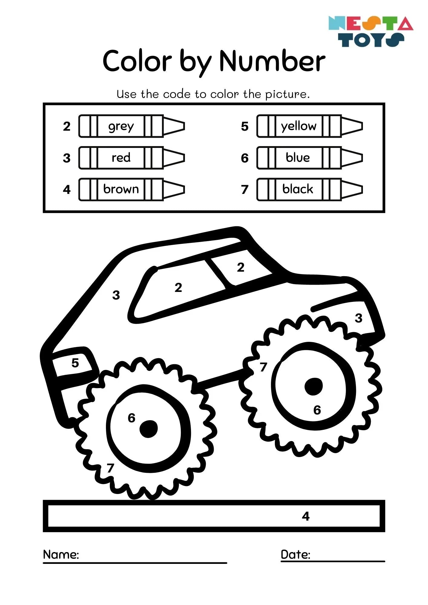 Monster Truck Coloring Activity - Color by Number - NESTA TOYS