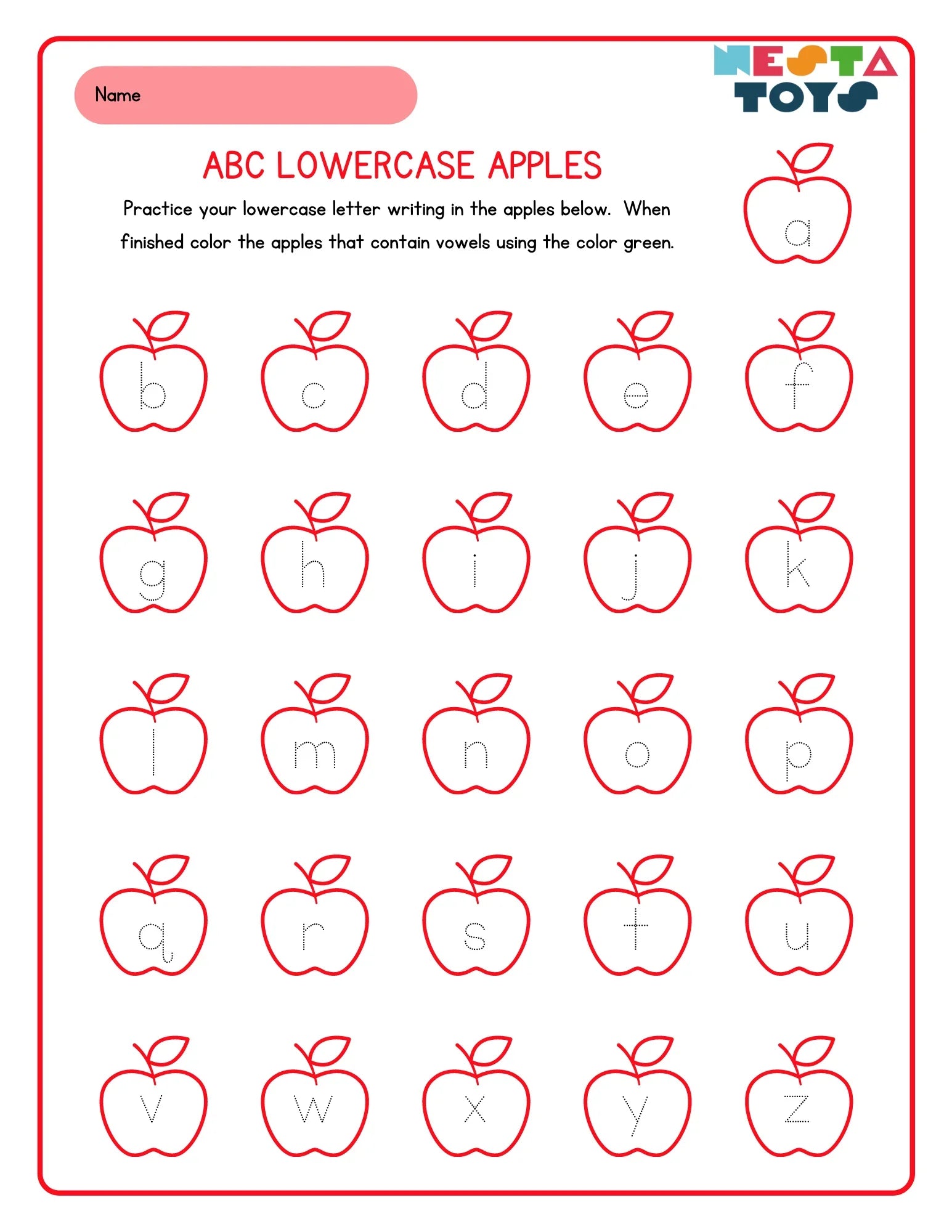 Lowercase Alphabet Tracing Activity Sheet for Kids - NESTA TOYS
