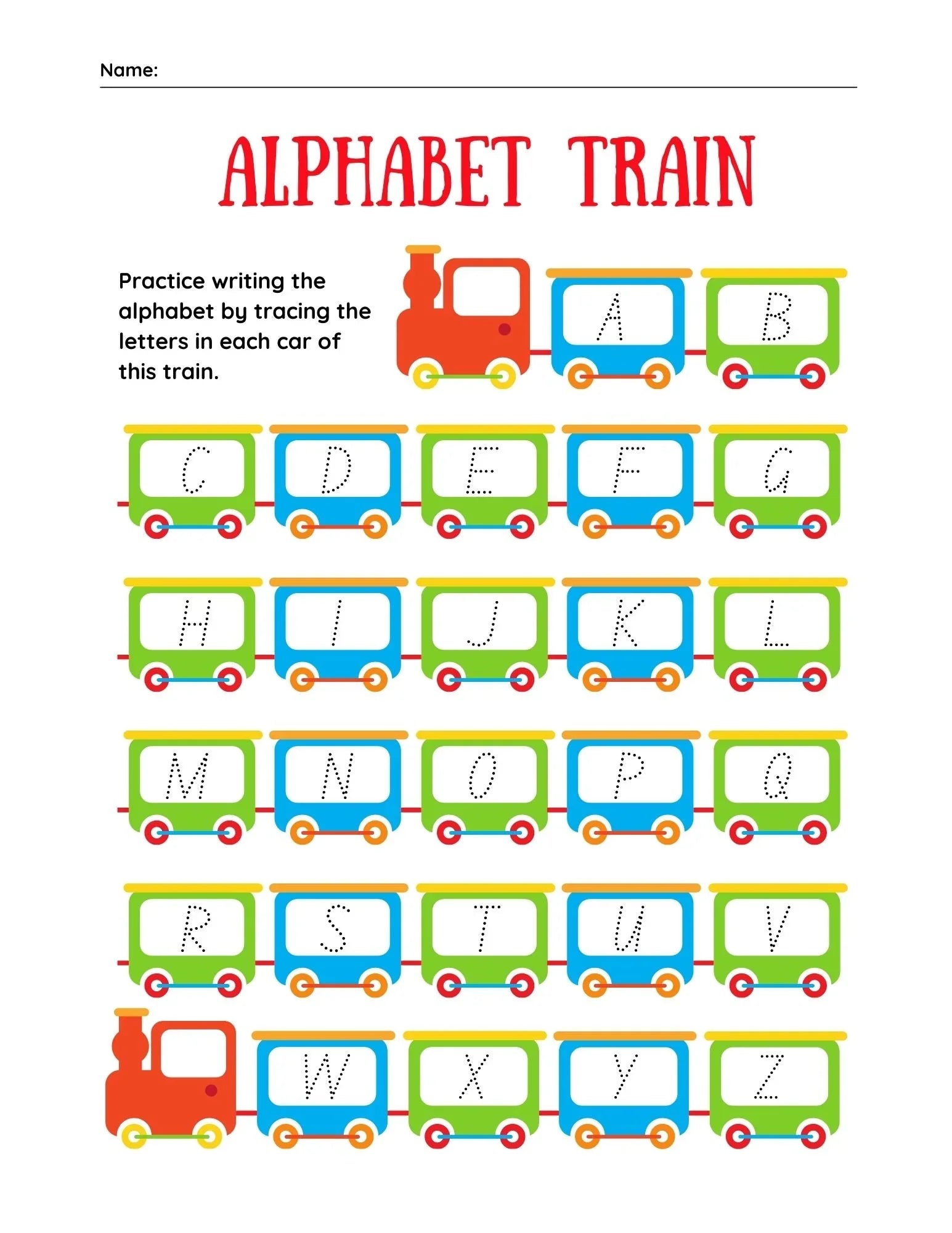 Alphabet Tracing Train Activity Sheet for Kids - NESTA TOYS