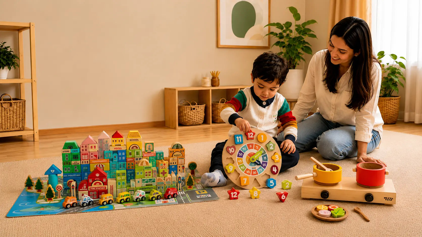 Child playing with NESTA TOYS educational toys including a wooden shape sorter, wooden city building blocks and wooden kitchen set while a parent observes in a Montessori-inspired playroom.