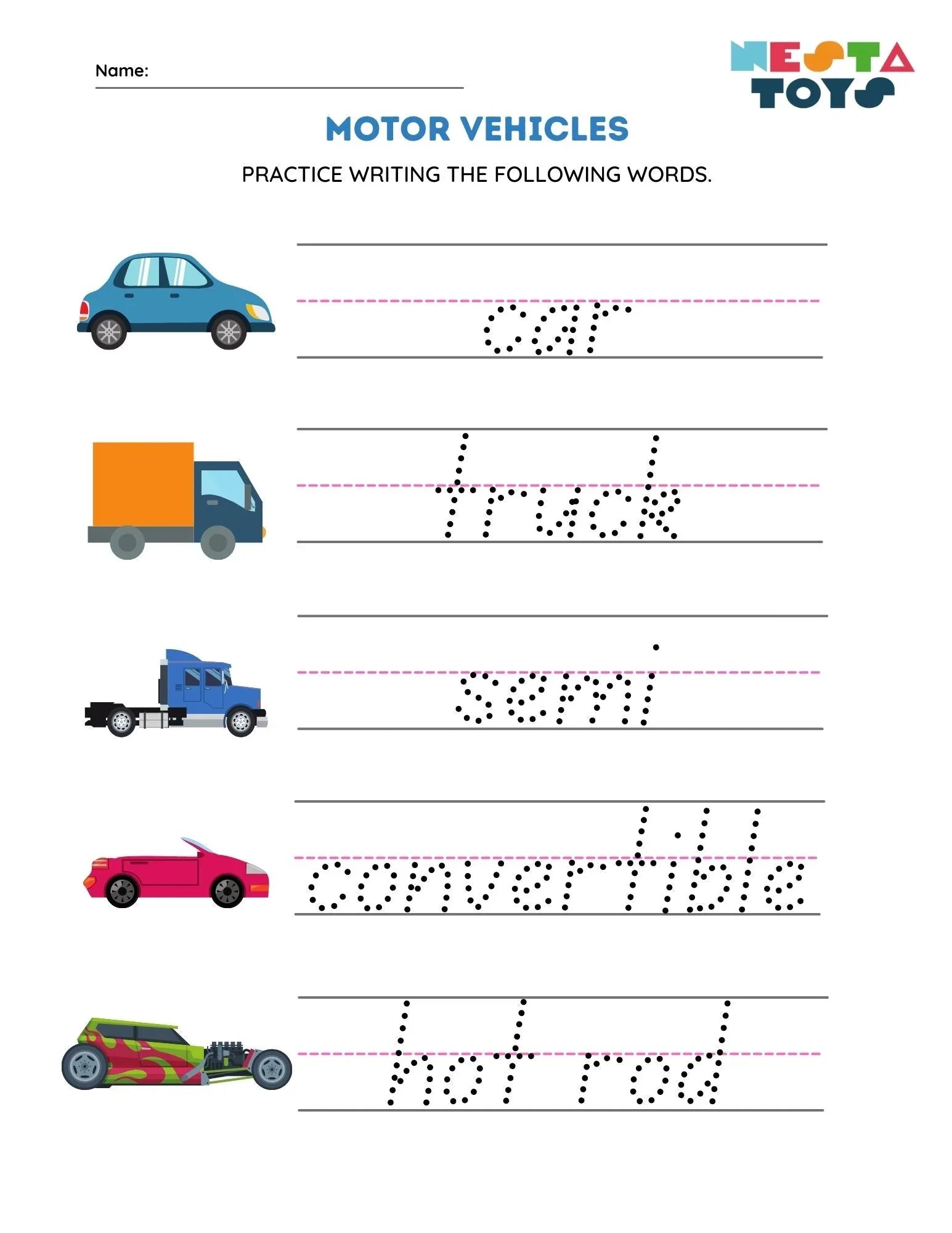 Vehicle Spelling - Trace The Alphabets Activity Sheet - NESTA TOYS