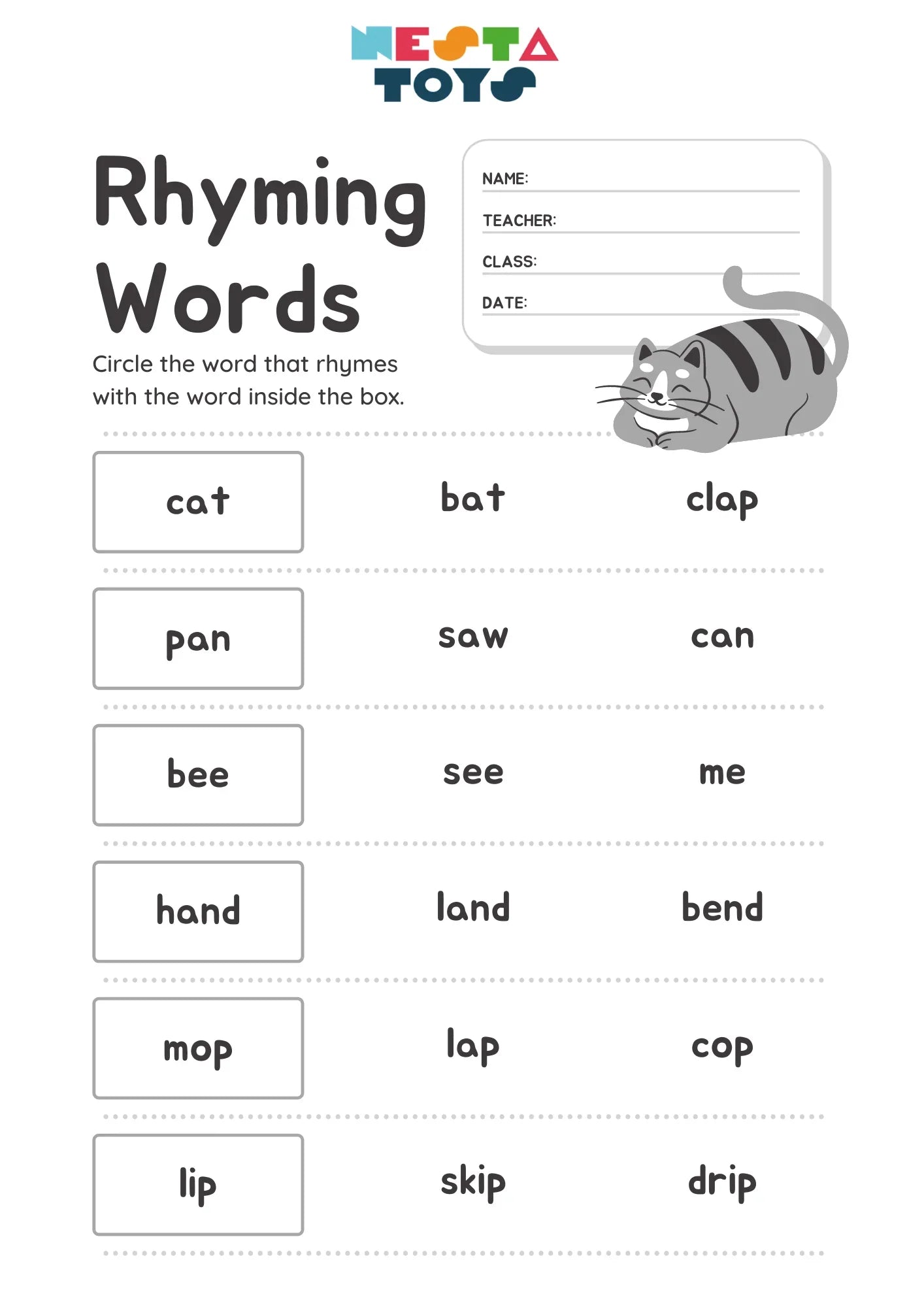 Rhyming Words Activity Sheet for Kids - NESTA TOYS