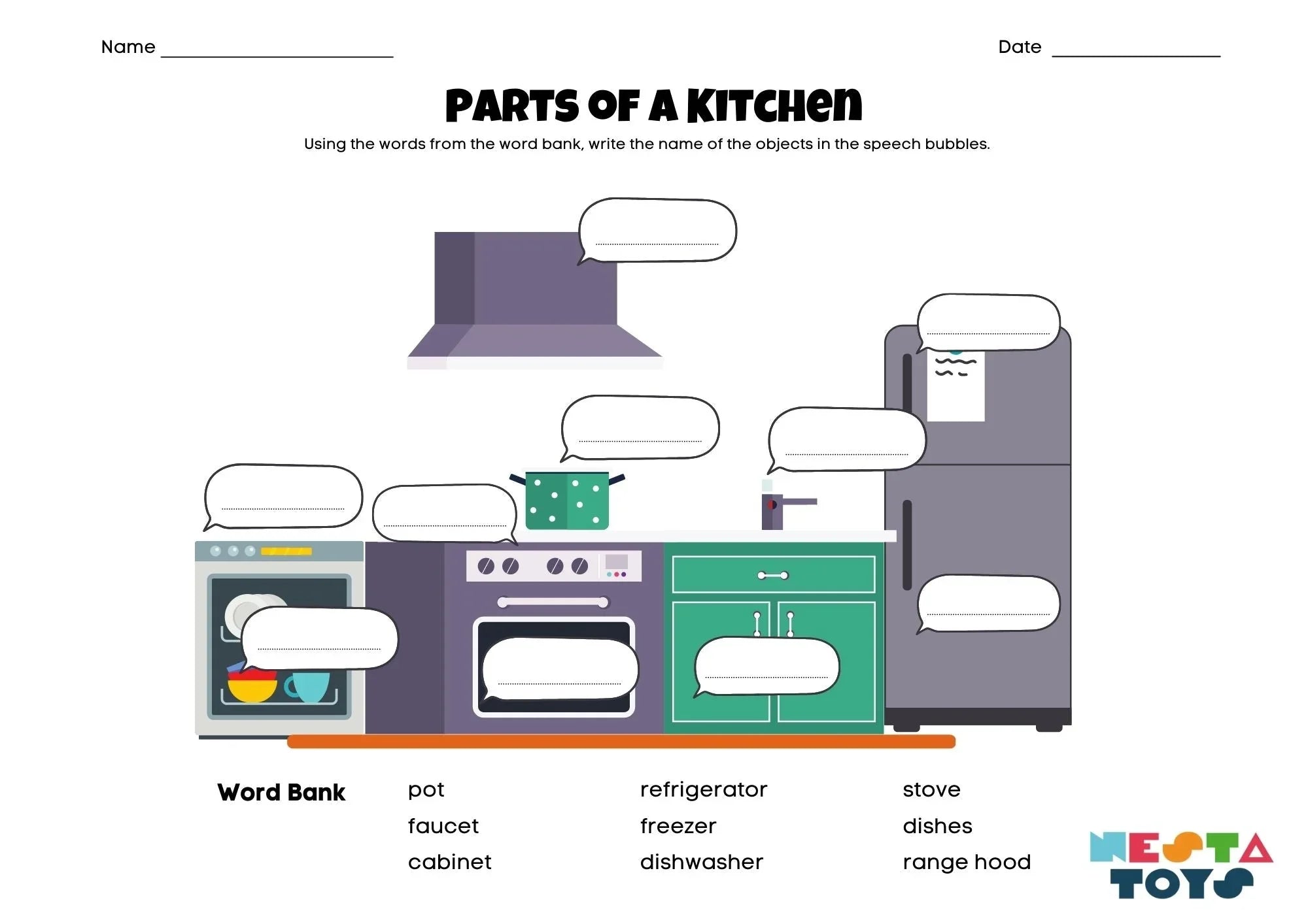 Identify the Parts of a Kitchen Activity Sheet for Kids - NESTA TOYS