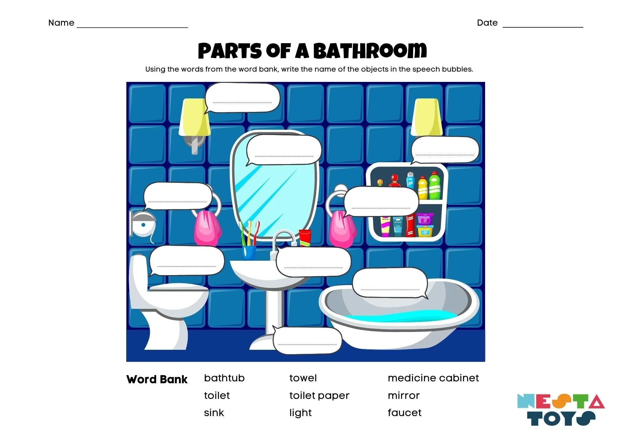 Identify the Parts of a Bathroom Activity Sheet for Kids - NESTA TOYS