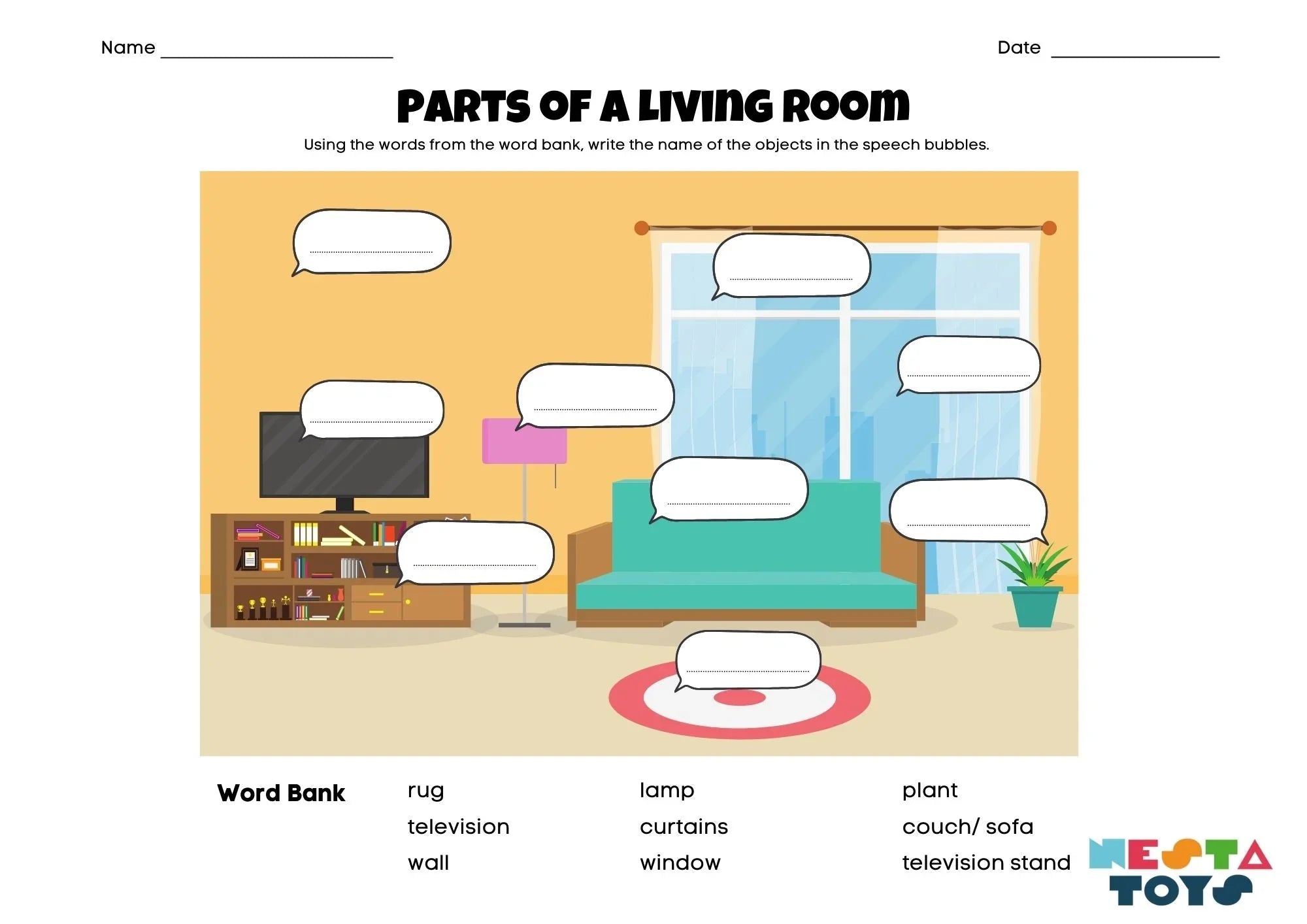 Identify Parts of Living Room - Activity Sheet for Kids - NESTA TOYS