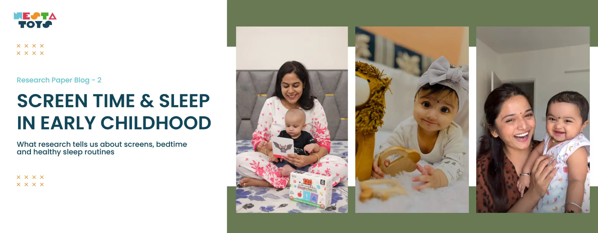 NESTA TOYS Research banner for “Screen Time & Sleep in Early Childhood,” featuring real family photographs and a bedtime scene with a mother reading to her child.