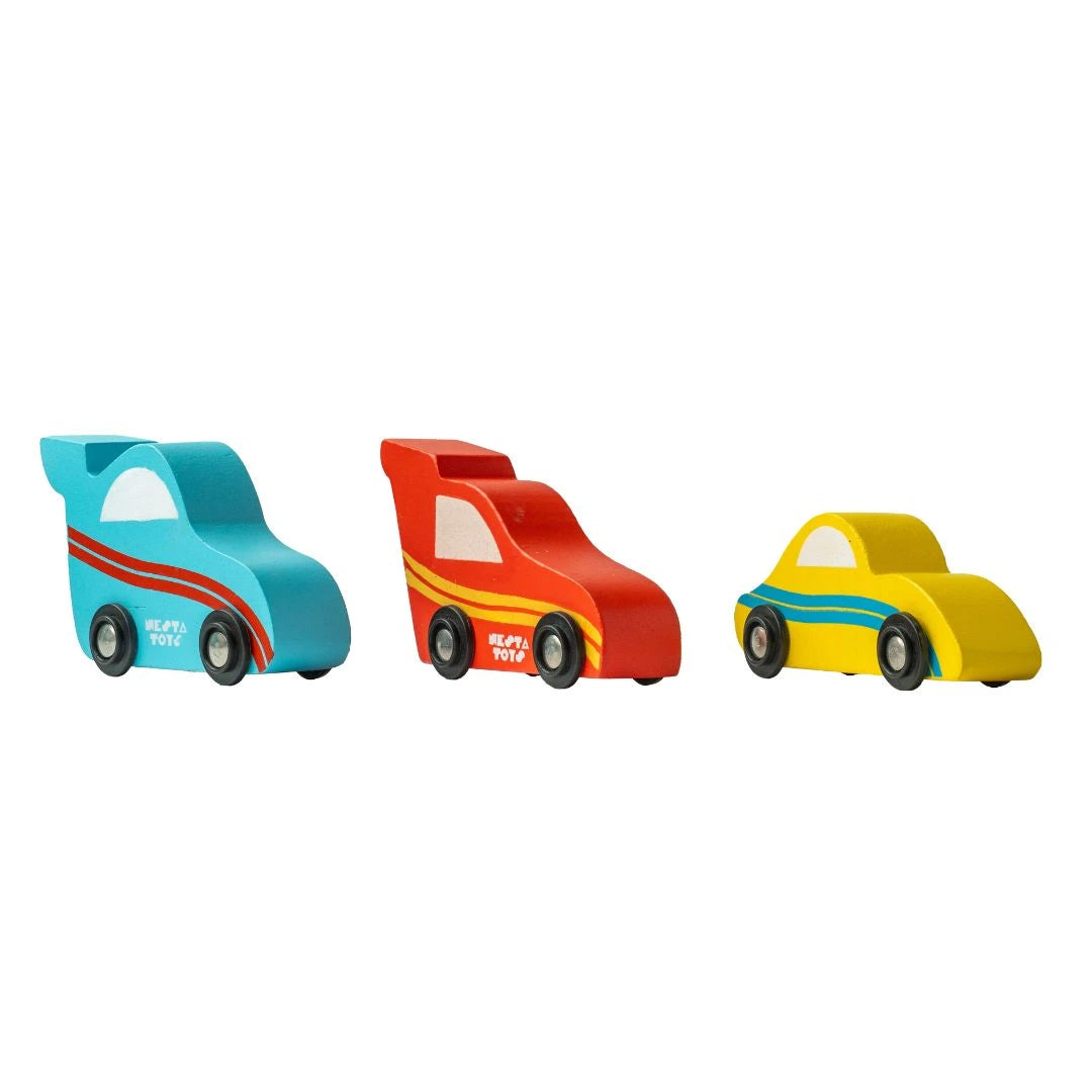Wooden Car (3 Pcs) - Sky Blue, Yellow, Red