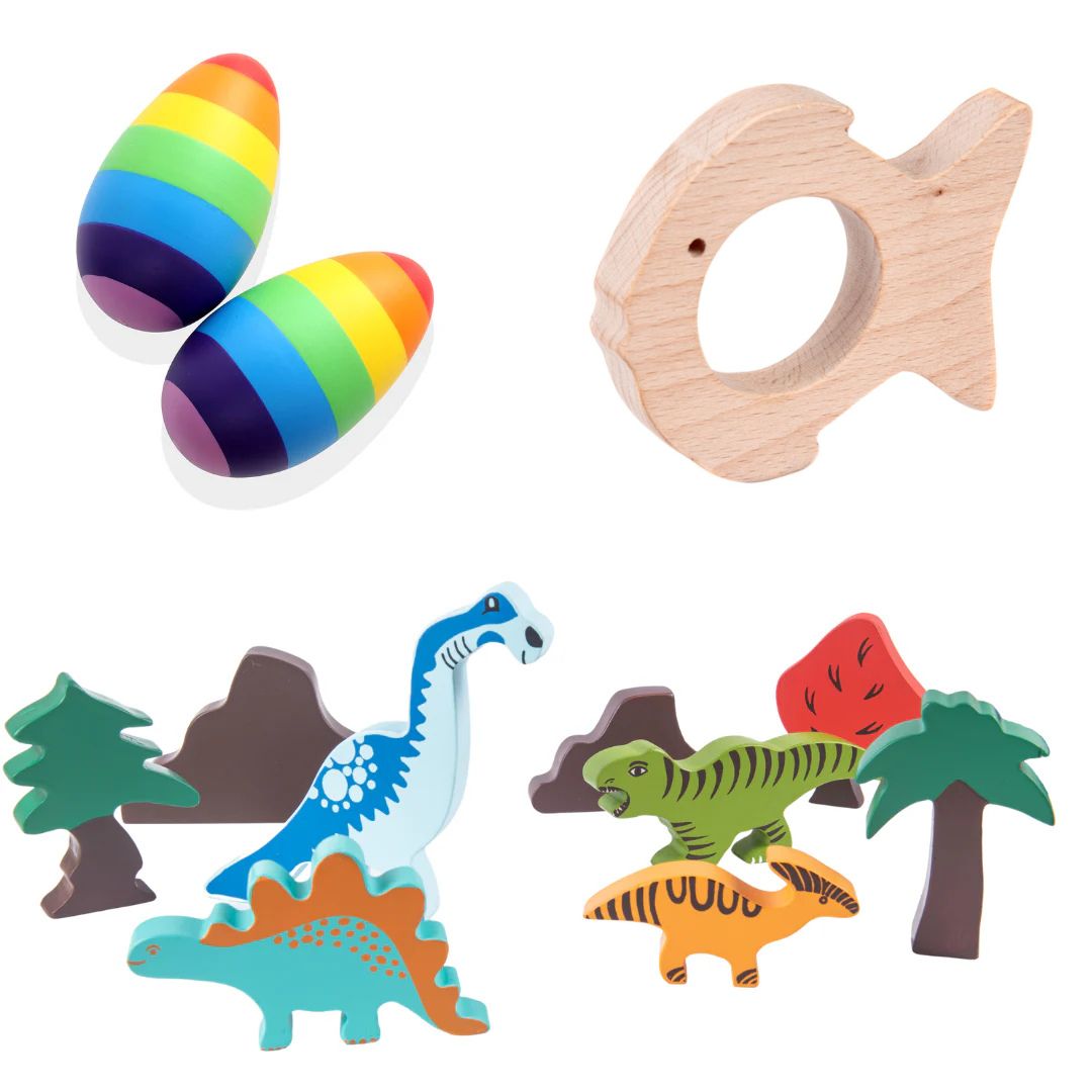 Wooden Dinosaur Blocks, Egg Shaker Rattle Teether (6+ Months)