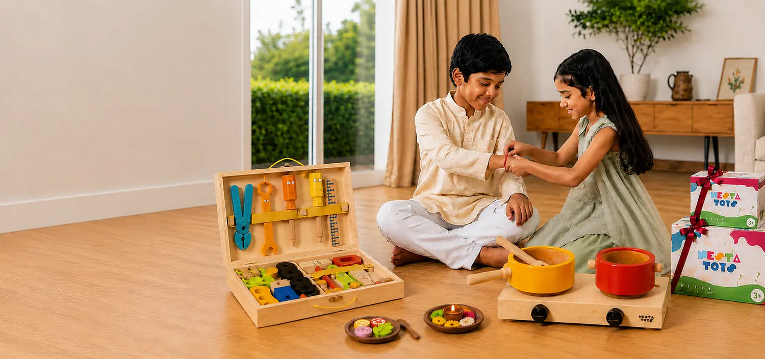 Brother and sister celebrating Raksha Bandhan at home with NESTA TOYS gifts - Wooden Toolkit set and Wooden Kitchet set