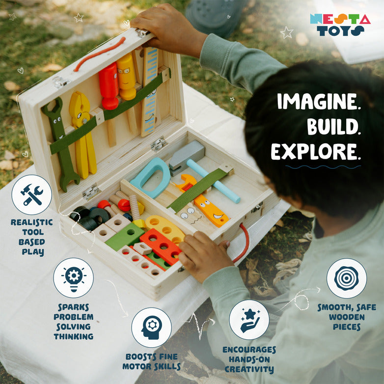 NESTA TOYS - Wooden Tool Kit Set with Tool Box | Pretend Play Portable Construction Tools Kit Toys for Kids