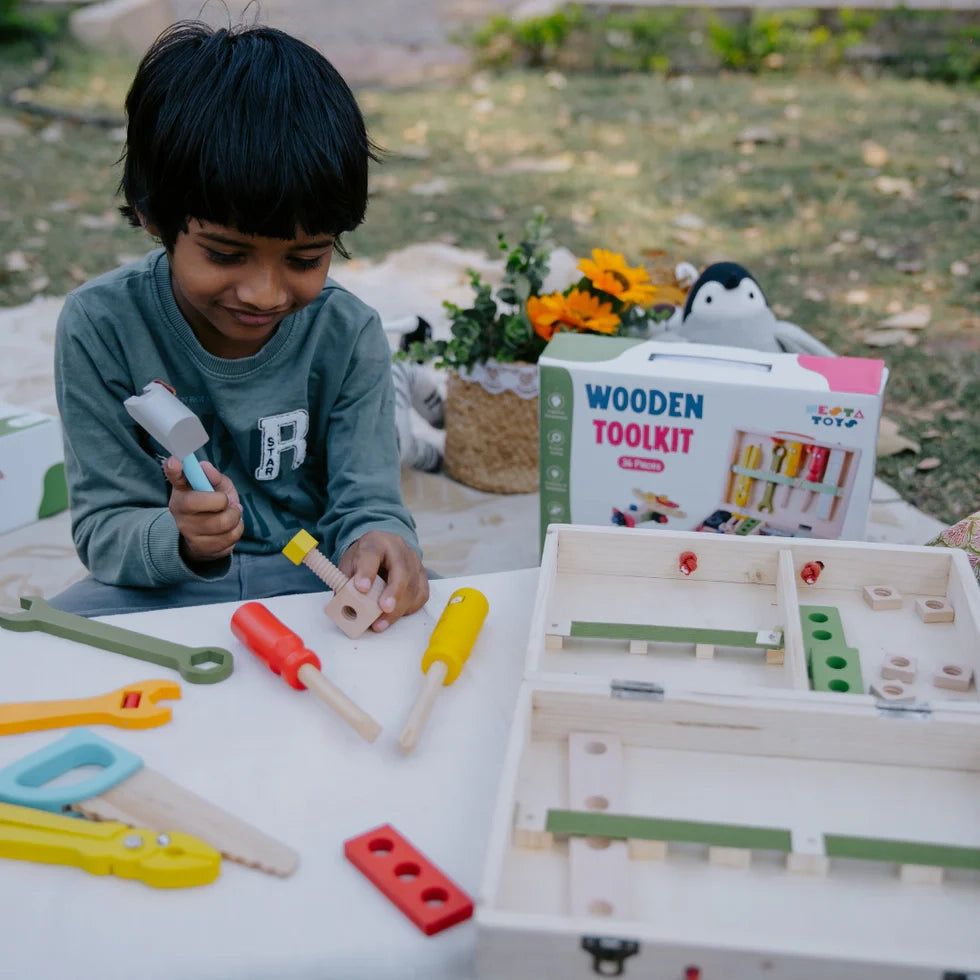 NESTA TOYS - Wooden Tool Kit Set with Tool Box | Pretend Play Portable Construction Tools Kit Toys for Kids