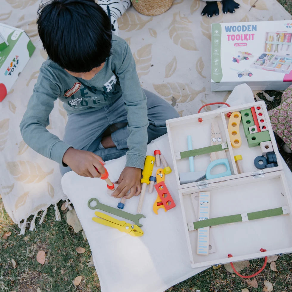 NESTA TOYS - Wooden Tool Kit Set with Tool Box | Pretend Play Portable Construction Tools Kit Toys for Kids