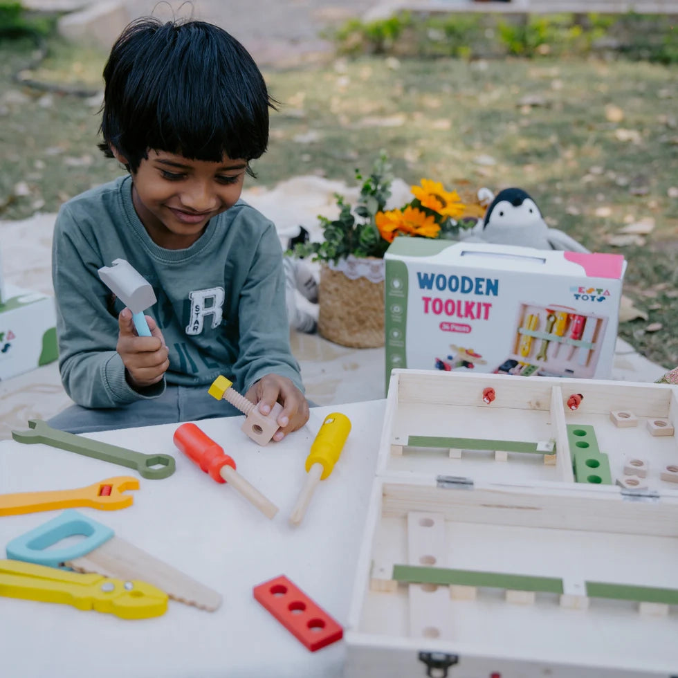 NESTA TOYS - Wooden Tool Kit Set with Tool Box | Pretend Play Portable Construction Tools Kit Toys for Kids
