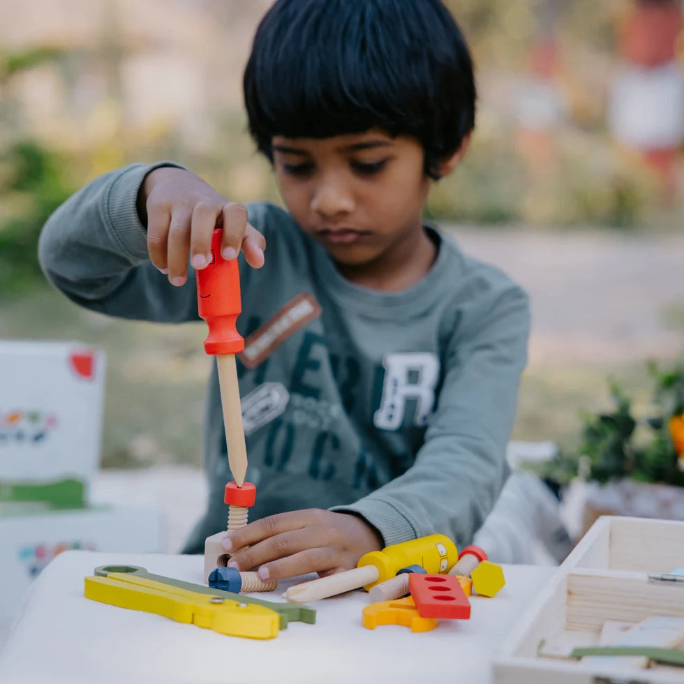 NESTA TOYS - Wooden Tool Kit Set with Tool Box | Pretend Play Portable Construction Tools Kit Toys for Kids