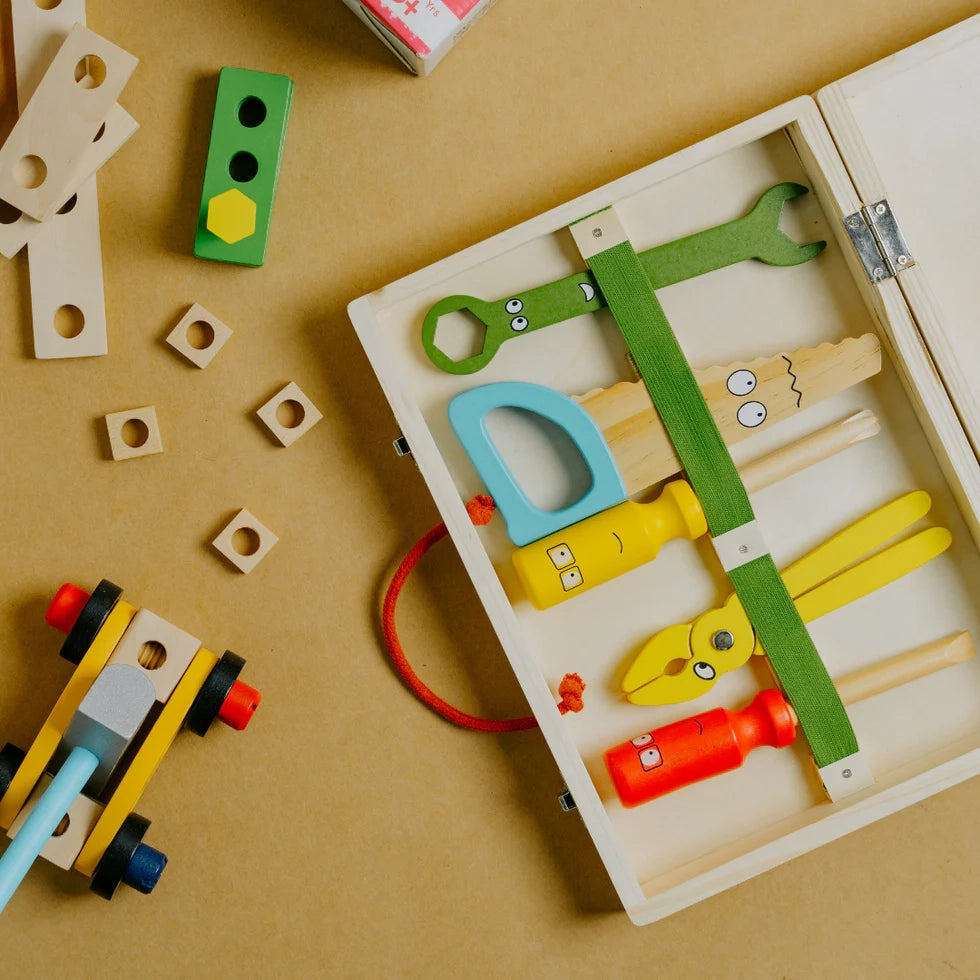 NESTA TOYS - Wooden Tool Kit Set with Tool Box | Pretend Play Portable Construction Tools Kit Toys for Kids