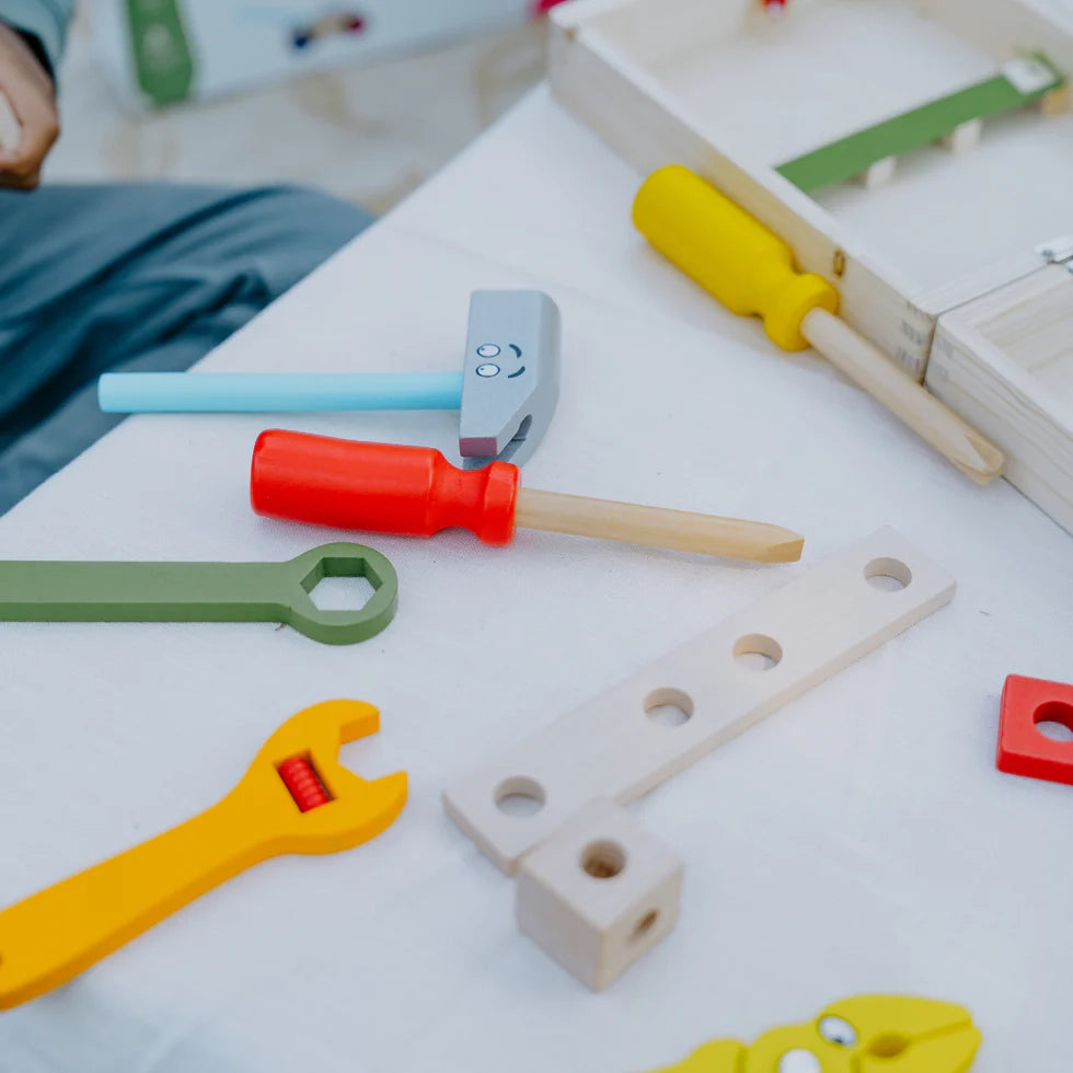 NESTA TOYS - Wooden Tool Kit Set with Tool Box | Pretend Play Portable Construction Tools Kit Toys for Kids