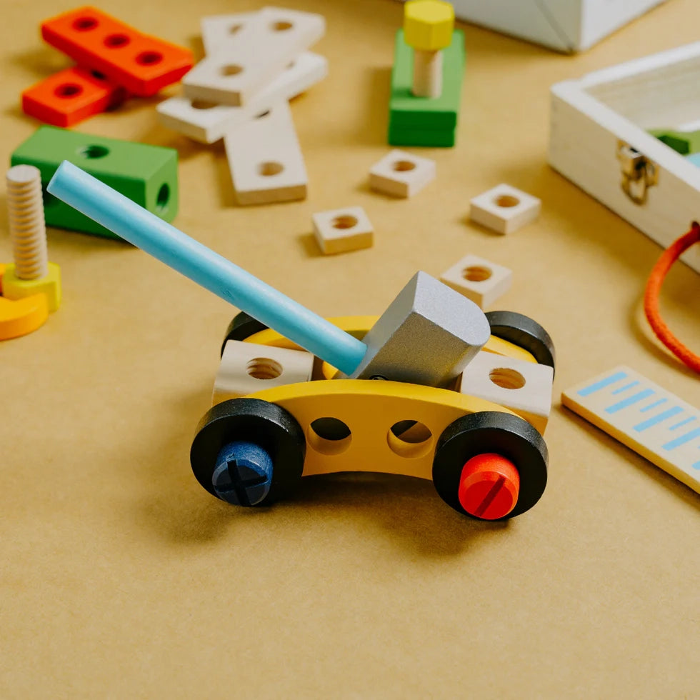 NESTA TOYS - Wooden Tool Kit Set with Tool Box | Pretend Play Portable Construction Tools Kit Toys for Kids