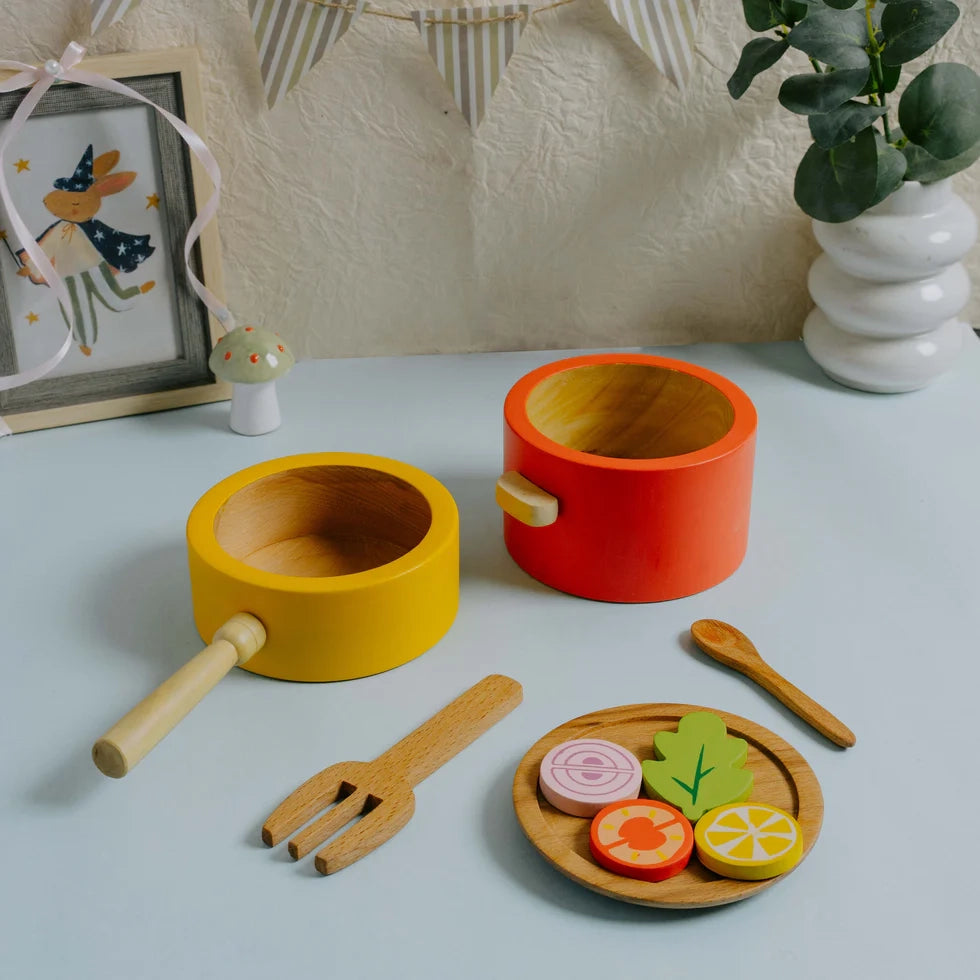 Wooden Kitchen Play Set | Cooking Toy for Kids (9 Pcs)