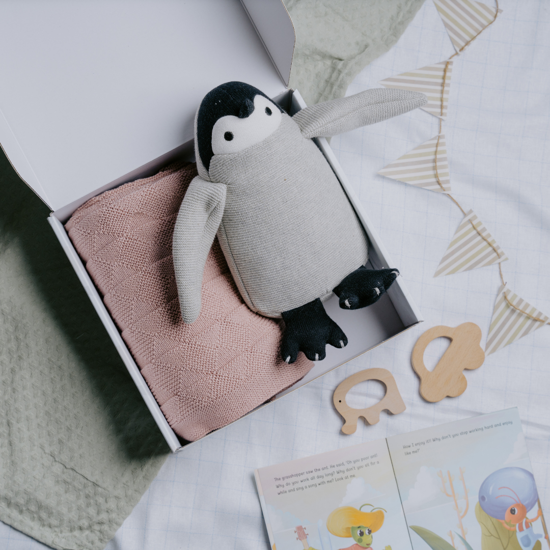 Newborn Gift Set – Swaddle, Penguin Plush Toy & Wooden Teethers - nestatoys