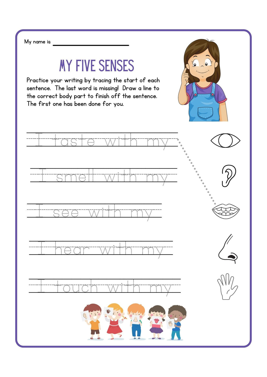 My Five Senses Worksheet for Kids - Fun Writing and Matching Activity