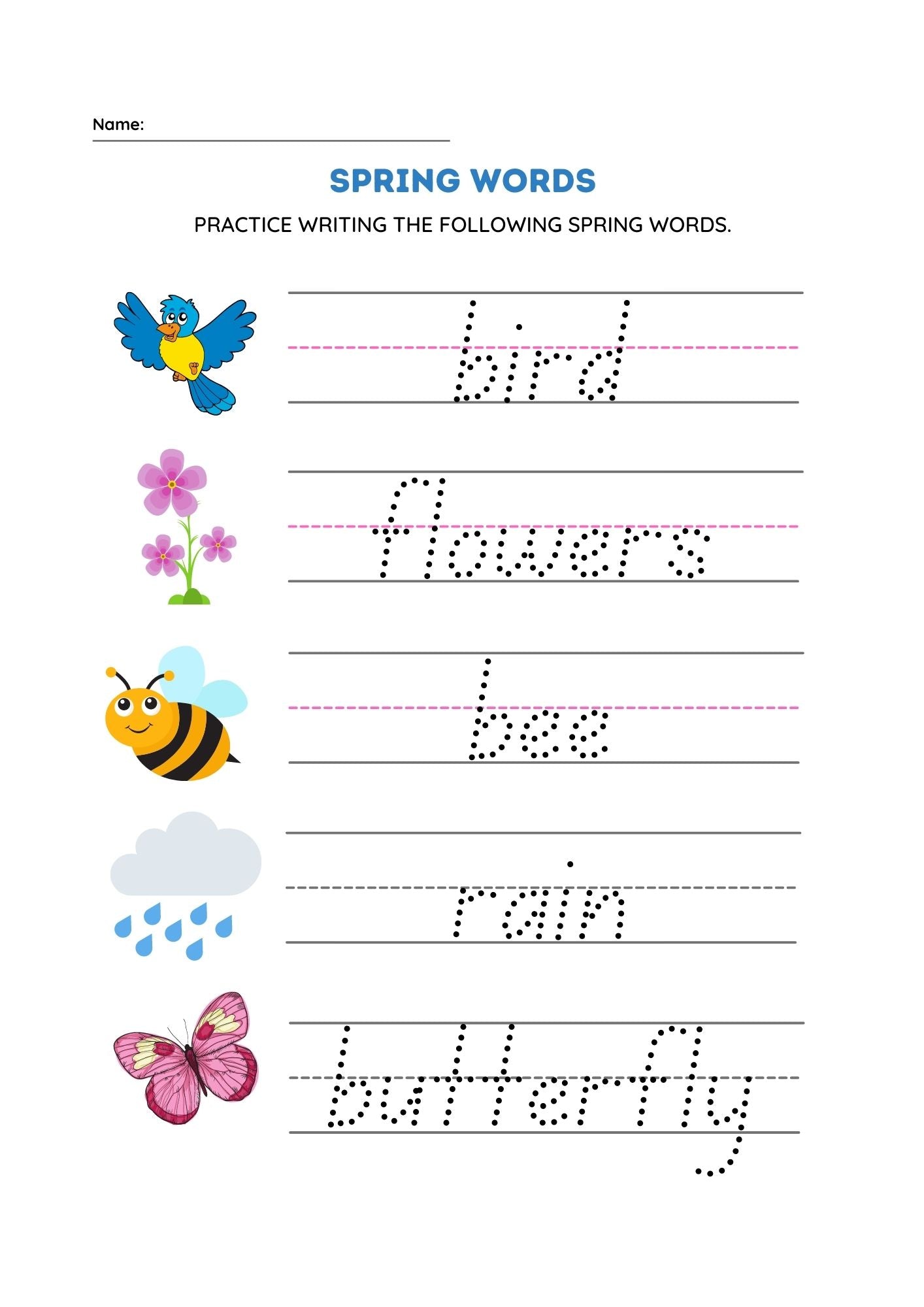 Spring Words Tracing Worksheet for Kids - Fun Handwriting Practice