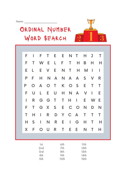 Ordinal Number Word Search