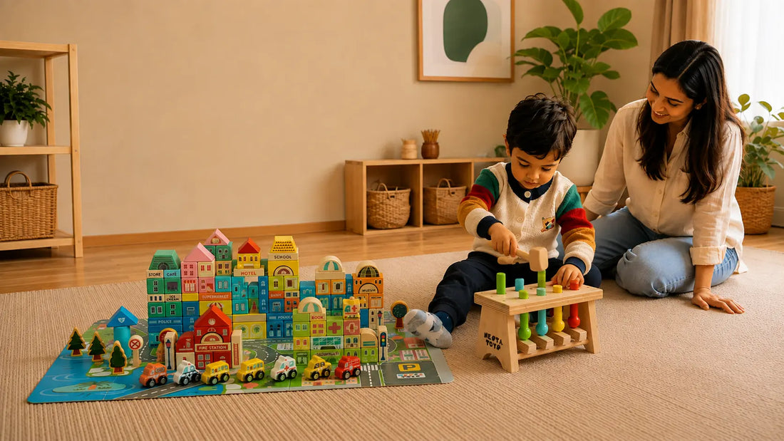 child engaging with both montessori and educational toys