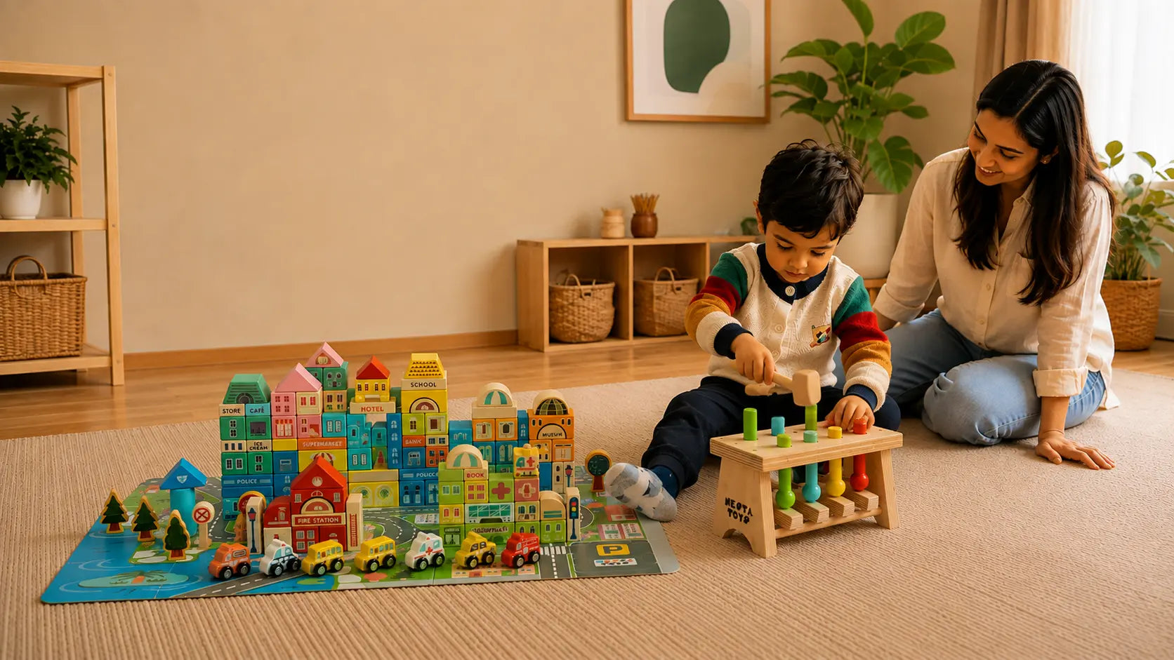 child engaging with both montessori and educational toys
