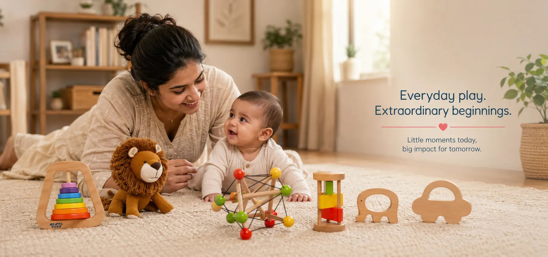 Indian mother interacting with her baby during playtime at home with NESTA TOYS Leo the Lion, wooden car and infant wooden toys