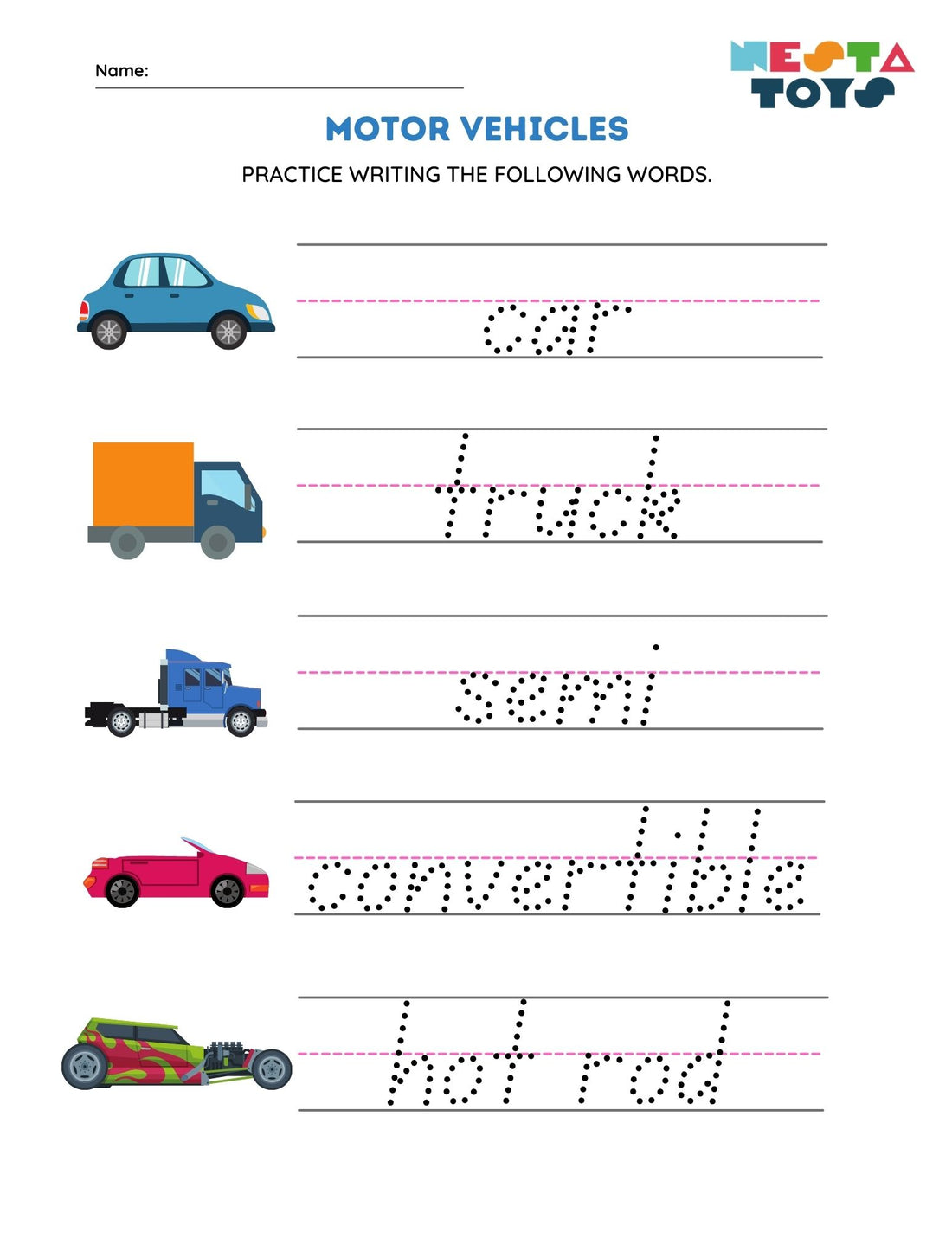 Vehicle Spelling - Trace The Alphabets Activity Sheet