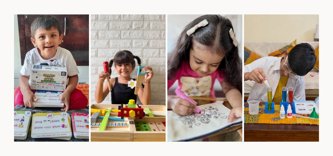 Children learning through hands-on play with educational toys, creative activities, and science experiments
