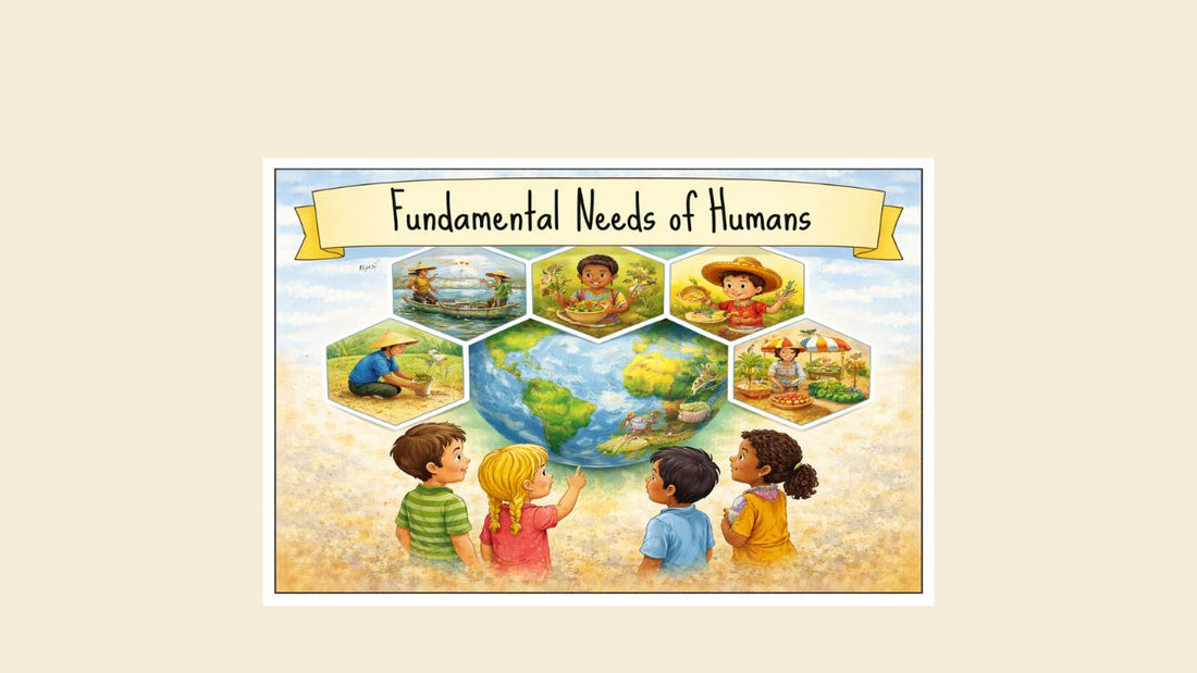 Montessori Fundamental Needs chart illustrating spiritual and material human needs with examples like farming, fishing, housing, clothing, and transportation.