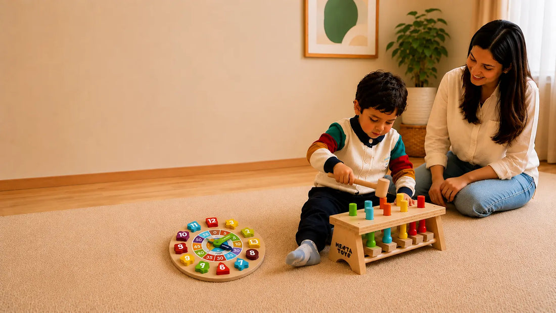 Child independently playing with Montessori wooden pounding bench while mother observes in a calm Montessori-inspired playroom with NESTA TOYS educational wooden toys