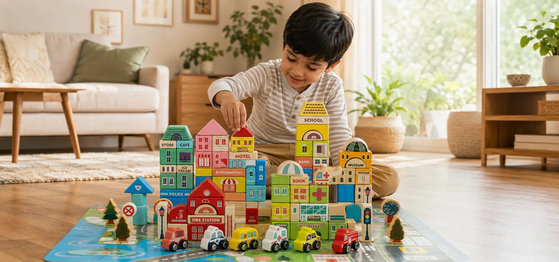 Indian child building a city with NESTA TOYS wooden building blocks during creative construction play at home