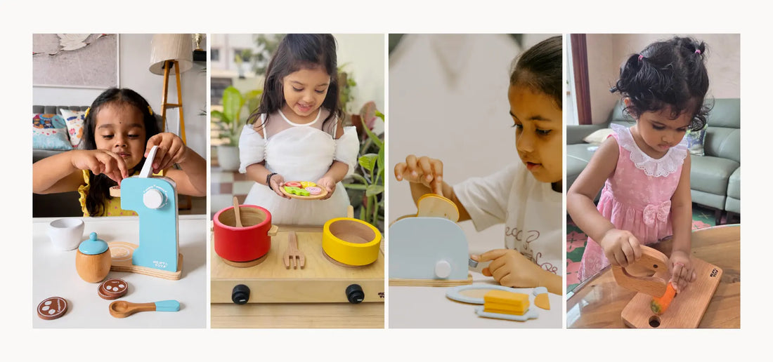 NESTA TOYS wooden kitchen toys by age featuring Wooden Coffee Machine Toy, Wooden Gas Stove & Cooking Set Toy, Wooden Bread Pop-Up Toaster Toy, and Montessori Chopping Board & Knife Set
