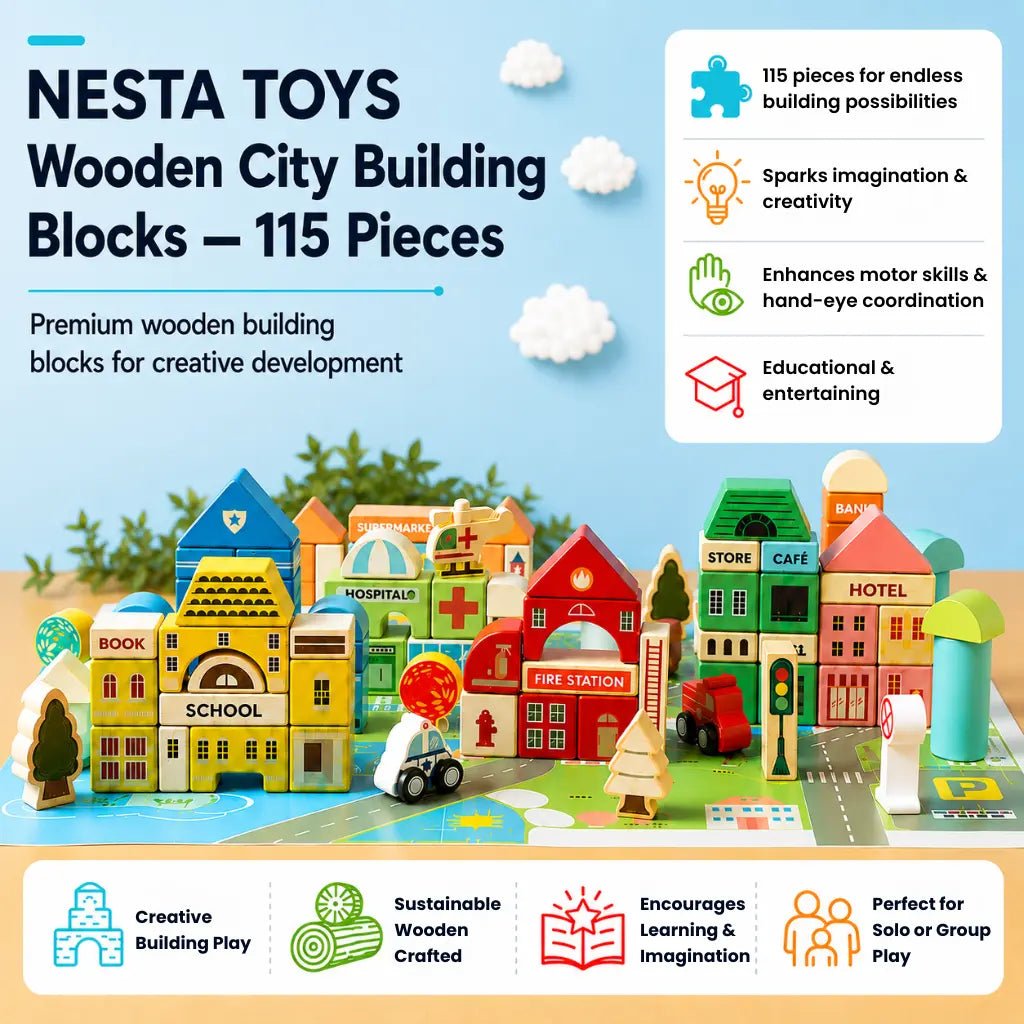 Wooden City Building Blocks Toy (115 Pieces) - NESTA TOYS