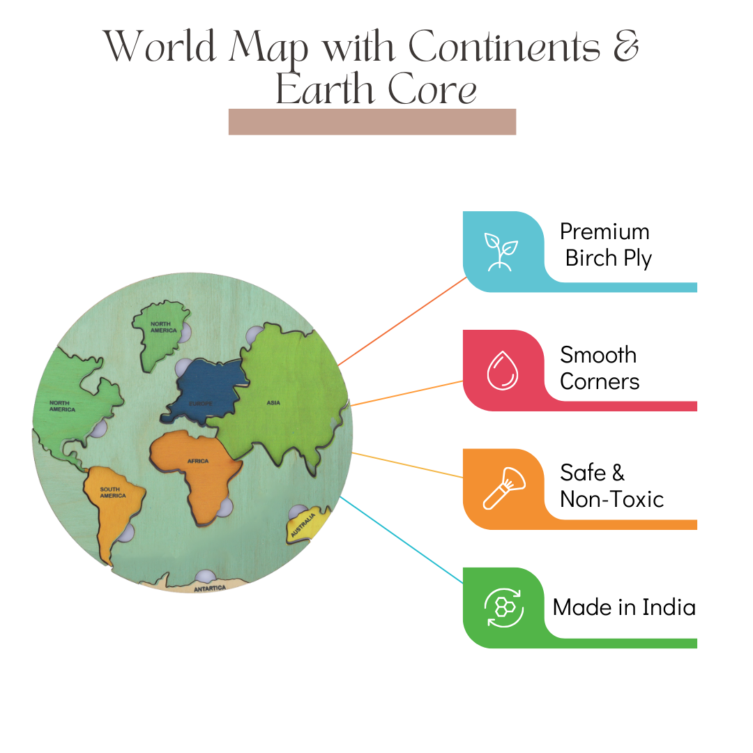 World Map with Continents puzzle , Earth Core Puzzle, Educational toys, STEM toys Learning Toy, Montessori Wooden Shapes Jumbo Knob Puzzles, toys for babies, puzzles for babies, channapatna toys, montessori toys, montessori puzzle, Montessori Circle Seriation Puzzle