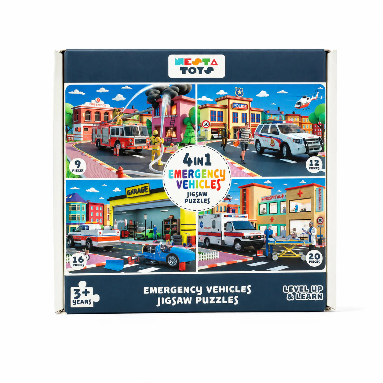 NESTA TOYS Emergency Vehicles 4-in-1 Level Up Jigsaw Puzzle | 9, 12, 16 & 20 Piece Learning Puzzle for Kids Ages 2+