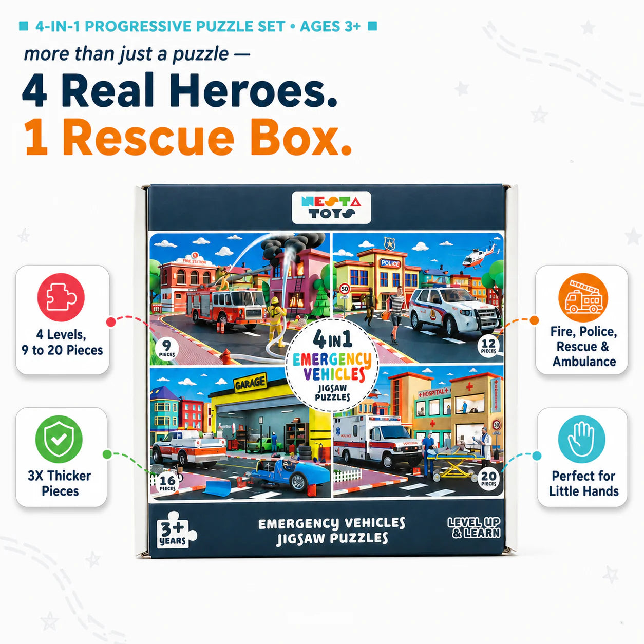 NESTA TOYS Emergency Vehicles 4-in-1 Level Up Jigsaw Puzzle | 9, 12, 16 & 20 Piece Learning Puzzle for Kids Ages 2+