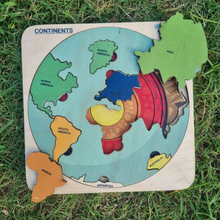 Load image into Gallery viewer, World Map with Continents puzzle , Earth Core Puzzle, Educational toys, STEM toys Learning Toy, Montessori Wooden Shapes Jumbo Knob Puzzles, toys for babies, puzzles for babies, channapatna toys, montessori toys, montessori puzzle, Montessori Circle Seriation Puzzle
