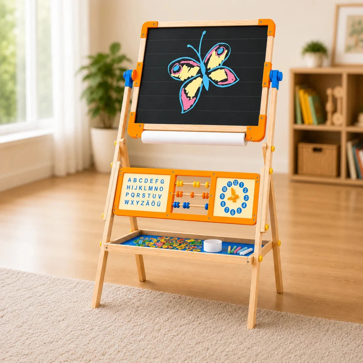 6-in-1 Wooden Tabletop Easel for Kids | Magnetic Whiteboard, Chalkboard, Paper Roll, Abacus & Learning Clock - NESTA TOYS