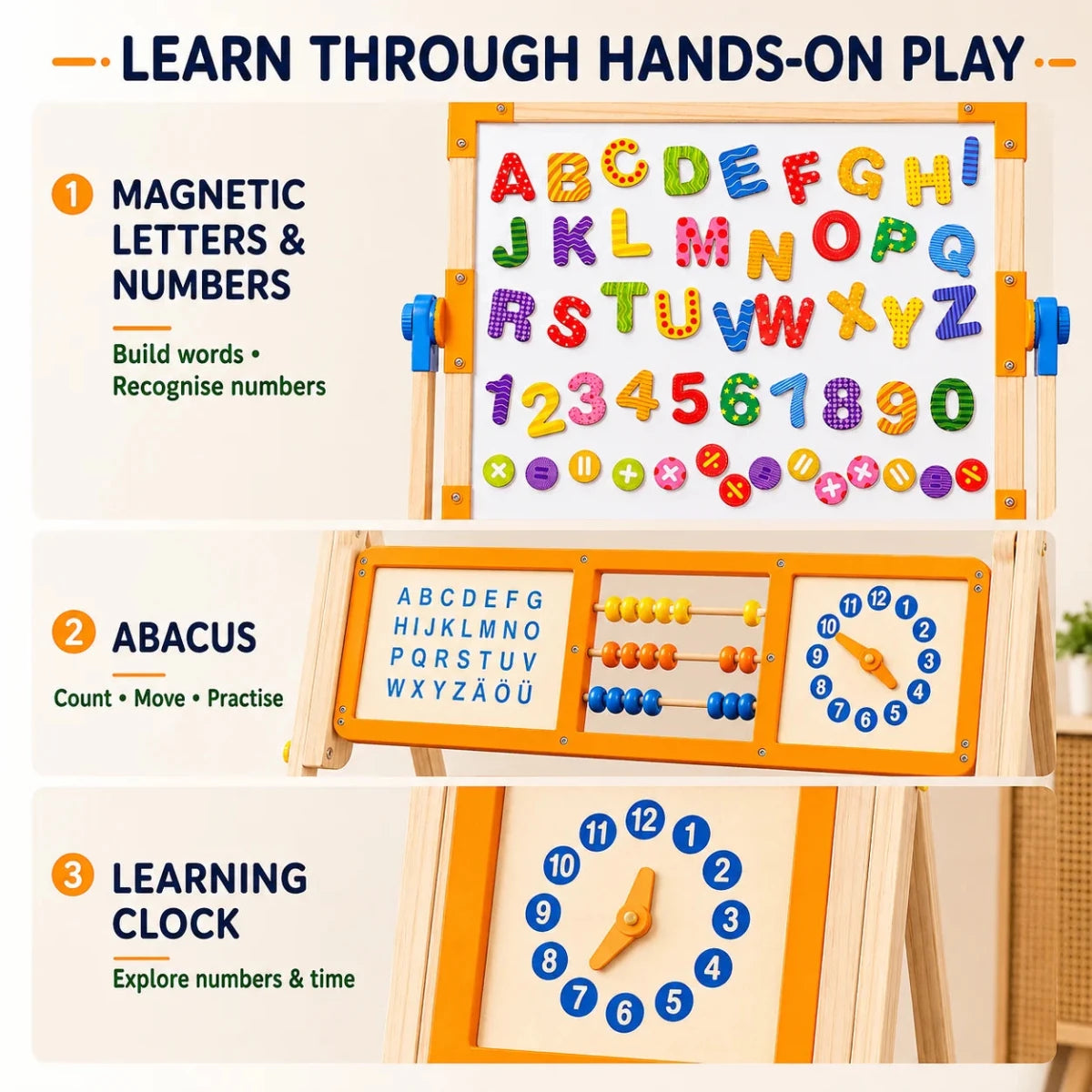 6-in-1 Wooden Tabletop Easel for Kids | Magnetic Whiteboard, Chalkboard, Paper Roll, Abacus & Learning Clock - NESTA TOYS