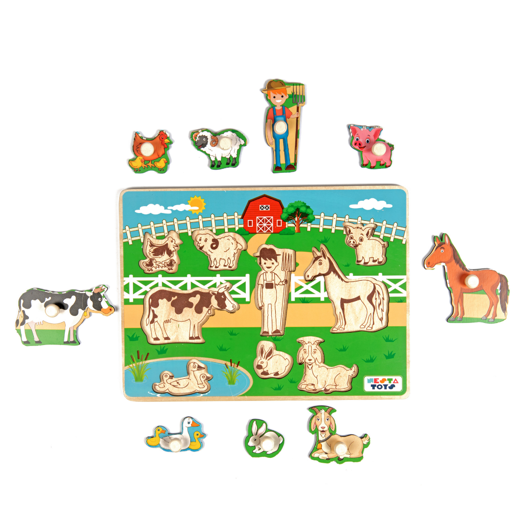 Wooden Farm Animal Knob Puzzle (8 Pcs), knob puzzle, educational toys, Montessori toys, nesta toys, toys for babies, puzzle for babies