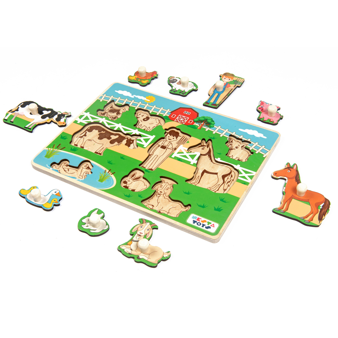 Wooden Farm Animal Knob Puzzle (8 Pcs), knob puzzle, educational toys, Montessori toys, nesta toys, toys for babies, puzzle for babies